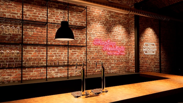 PSD neon logo mock-up on brick wall