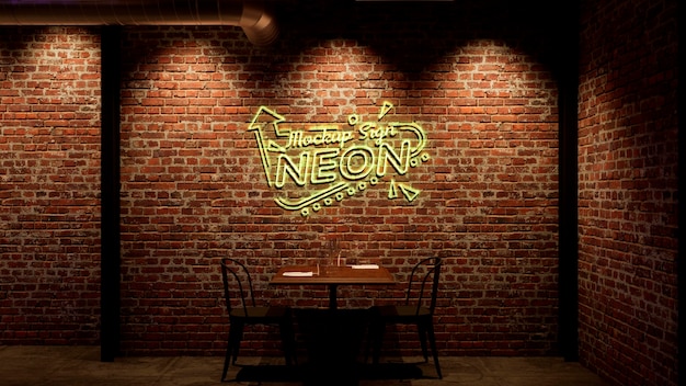 PSD neon logo mock-up on brick wall