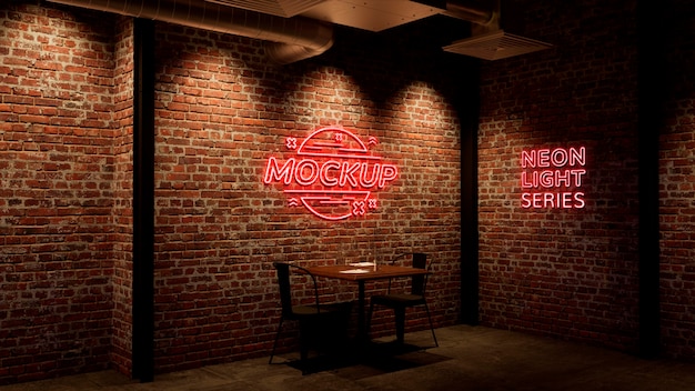 PSD neon logo mock-up on brick wall