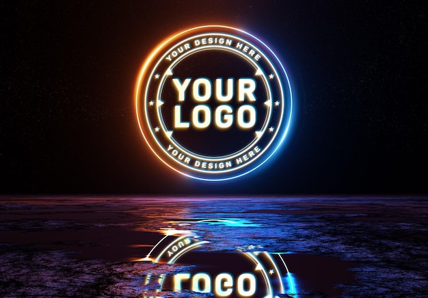 PSD logo al neon che si riflette sul pavimento bagnato mockup