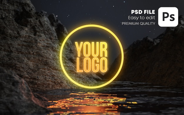 PSD neon logo water terrain night stars logo mockup