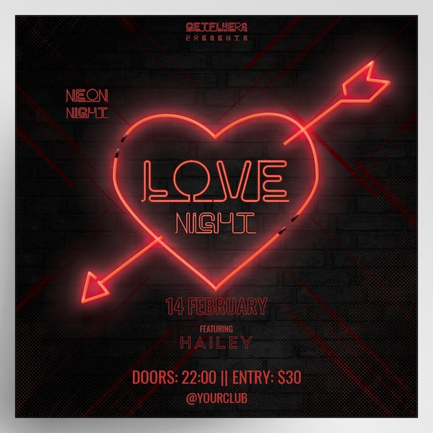 PSD neon love neon valentine instagram projekt ulotki na imprezę w klubie nocnym