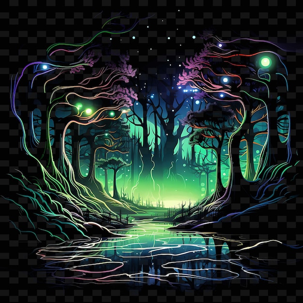 PSD neon mystical forestmystical forest linesenchanted creatures png y2k shapes transparent light arts