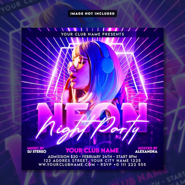 Neon night party flyer social media post and web banner