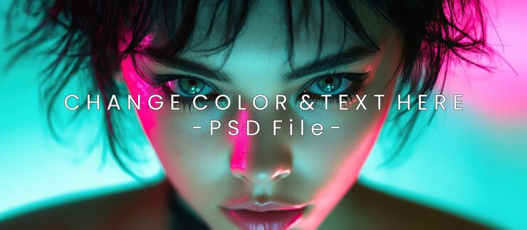 PSD neon nights een close-up portret van een vrouw met opvallende ogen