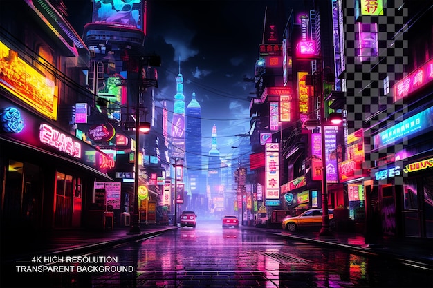 Neon noir cityscape immagina una città futuristica immersa in luci al neon su sfondo trasparente