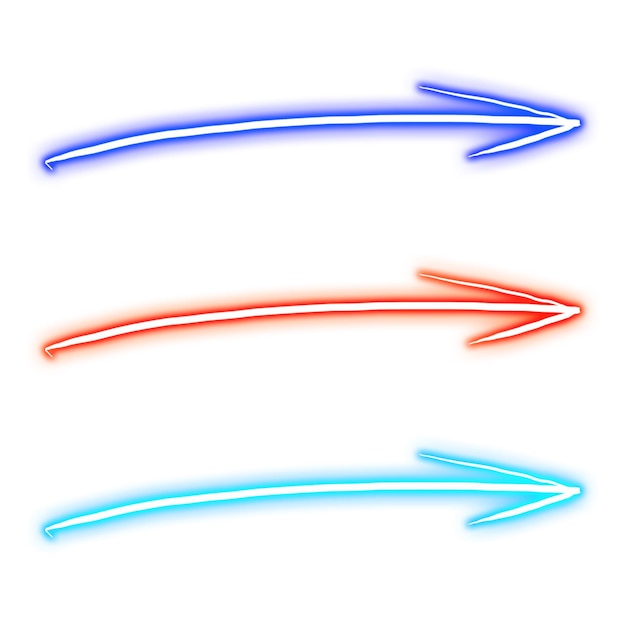 Neon pijlen in blauw rood en cyan wijzen recht op witte achtergrond