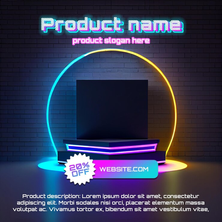 PSD neon podium or platform for product presentation display with futuristic scene psd template