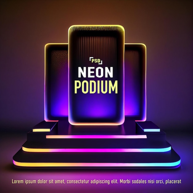 Podio o piattaforma al neon per display di presentazione del prodotto con modello psd di scena futuristica