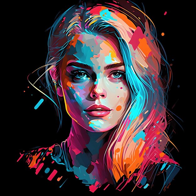 Neon portrait colorful on black background 4096px png painting art style for tshirt clipart design