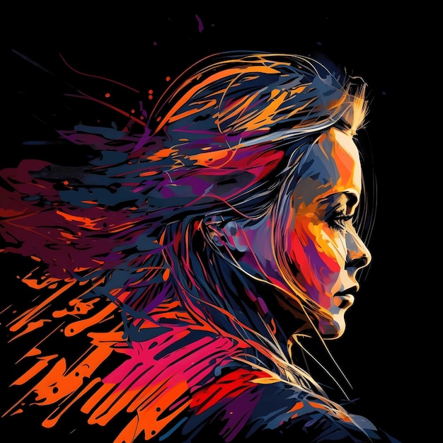 Neon Portrait Colorful on Black Background 4096px PNG painting art style for tshirt clipart design