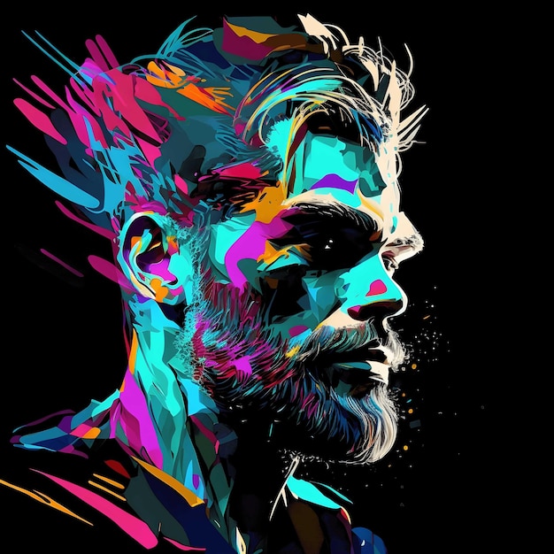 Neon Portrait Colorful on Black Background 4096px PNG painting art style for tshirt clipart design