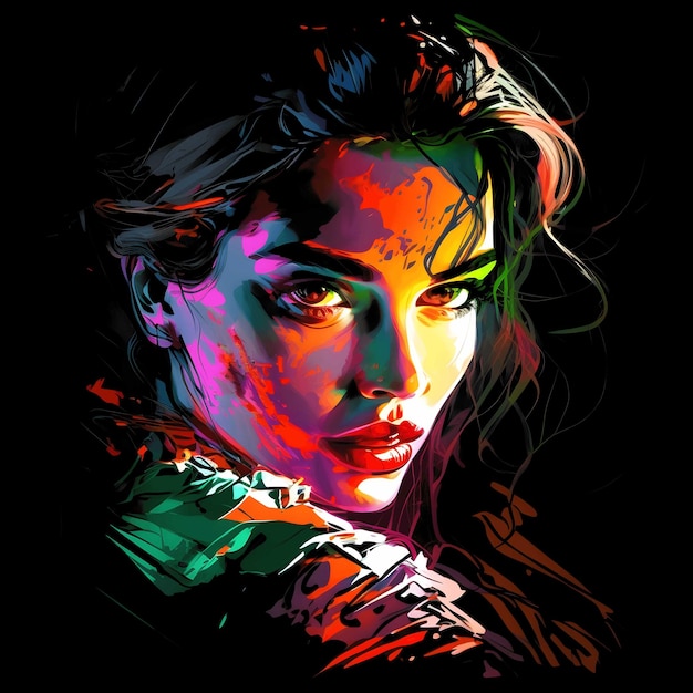 Ritratto al neon colorato su sfondo nero 4096px png stile artistico per la progettazione di clipart di tshirt