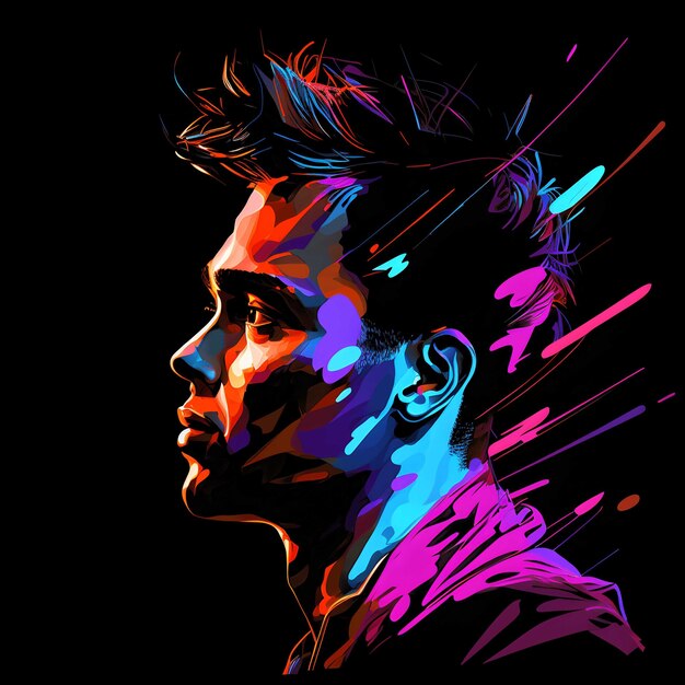 Neon portrait colorful on black background 4096px png painting art style for tshirt clipart design