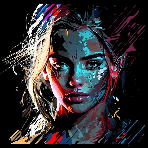 Neon Portrait Colorful on Black Background 4096px PNG painting art style for tshirt clipart design