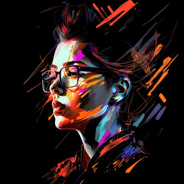 PSD neon portrait colorful on black background 4096px png painting art style for tshirt clipart design