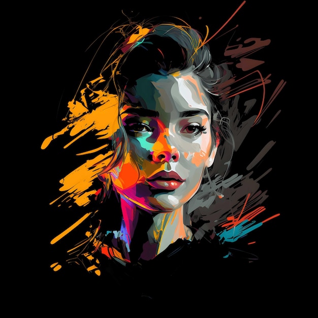 Neon Portrait Colorful on Black Background 4096px PNG painting art style for tshirt clipart design