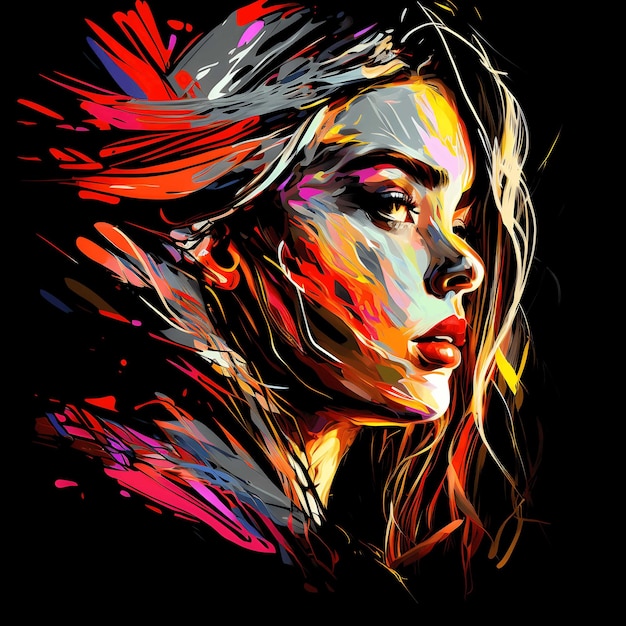 Neon Portrait Colorful On Black Background 4096px Png Painting Art Style For Tshirt Clipart Design