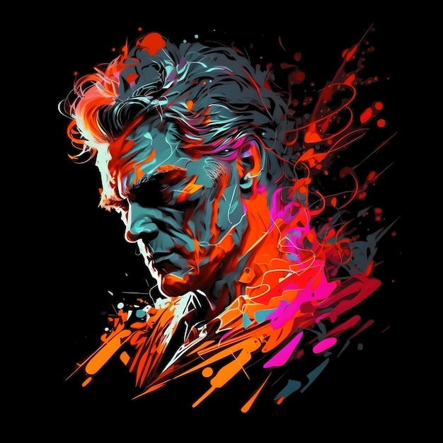 Neon portret kleurrijk op zwarte achtergrond 4096px png schilderij kunststijl voor t-shirt clipart ontwerp