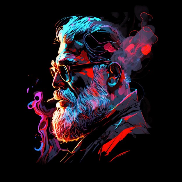 Neon Portret Kleurrijk op Zwarte Achtergrond 4096px PNG schilderij kunststijl voor t-shirt clipart ontwerp