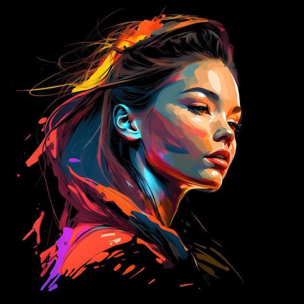 Neon Portret Kleurrijk op Zwarte Achtergrond 4096px PNG schilderij kunststijl voor t-shirt clipart ontwerp