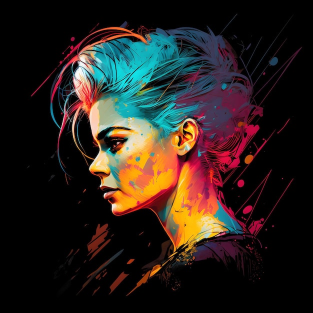 Neon portret kleurrijk op zwarte achtergrond 4096px PNG schilderkunst stijl voor t-shirt clipart ontwerp