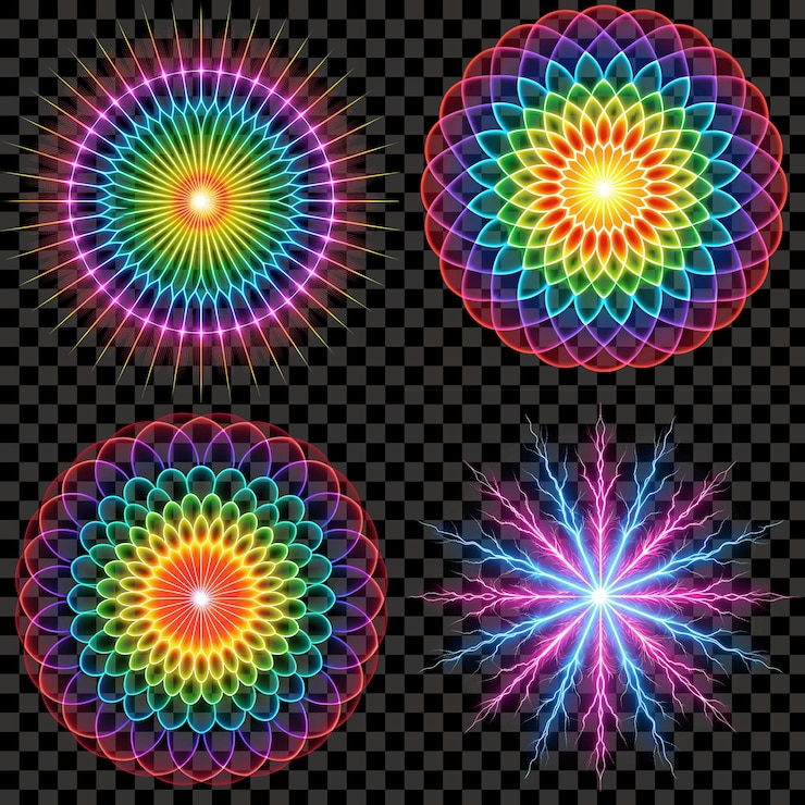 PSD neon rainbow mandala pattern with glowing effects isolated transparent background png
