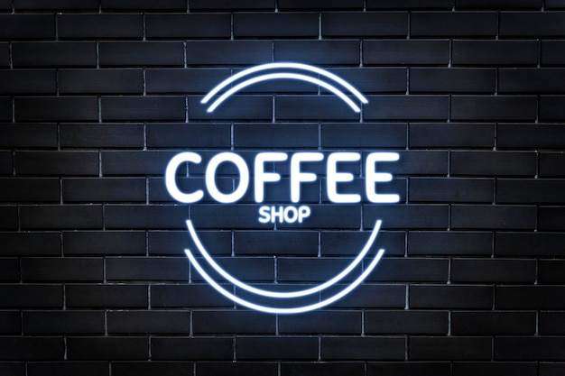 Neon reliëf logo mockup psd voor coffeeshop op donkere bakstenen muur achtergrond