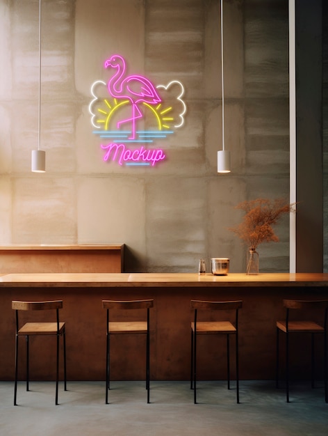 PSD neon restaurant or cafeteria logo mock-up design