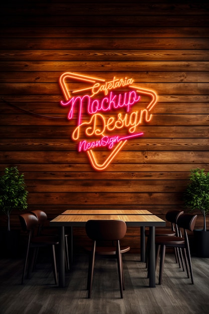 PSD neon restaurant wall logo mockup