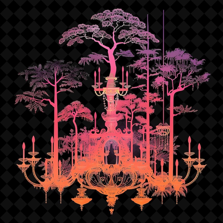 PSD neon rococo forest inside a silhouette chandelier landscape png neon artistic landscape