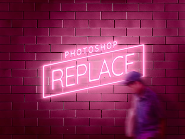 Neon sign on brick tile wall mockup