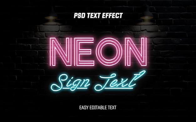 Neon Sign Text Effect PSD Template with Editable Glow on Brick Wall Background