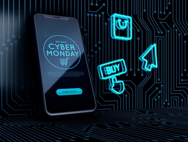Neon signs next to cyber monday phone