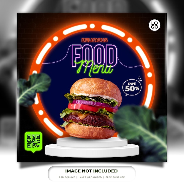 Neon social media banner promotion post instagram food template