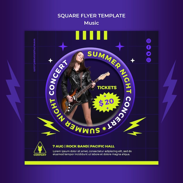 PSD neon square flyer template for summer night concert