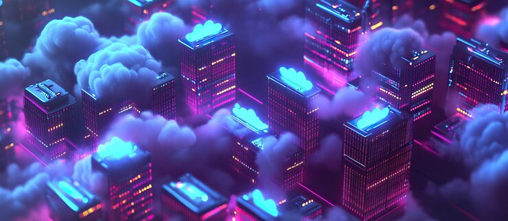 PSD neon stadsbeeld met wolken