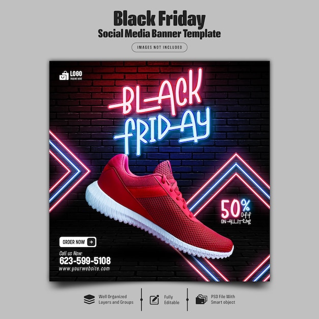 Neon stijl black friday sale social media postsjabloon
