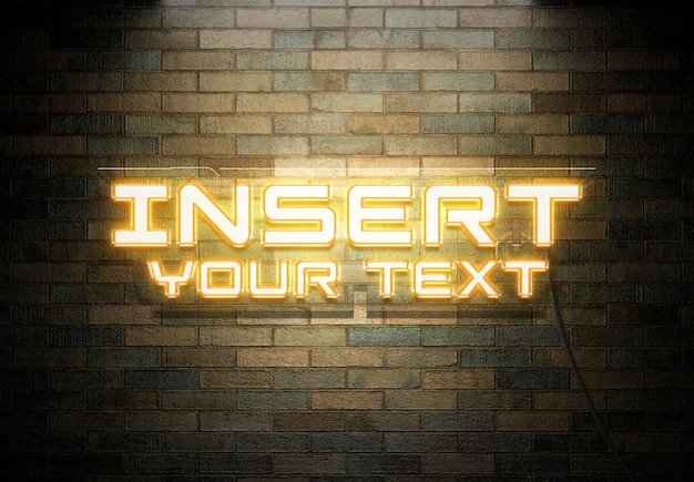 Neon tekst effekt på murvegg med ledninger Mockup