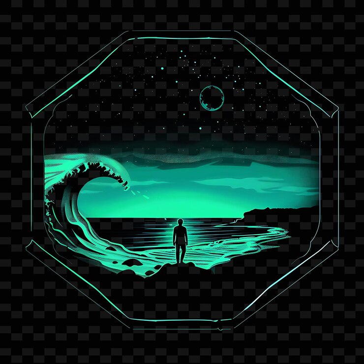PSD neon wave effect with a candidate at a beach landscape insid neon line art landscape background