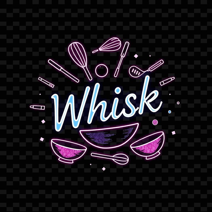 PSD neon whisk text in electric blue encircled by whisking utensils and b neon yummy typography designo