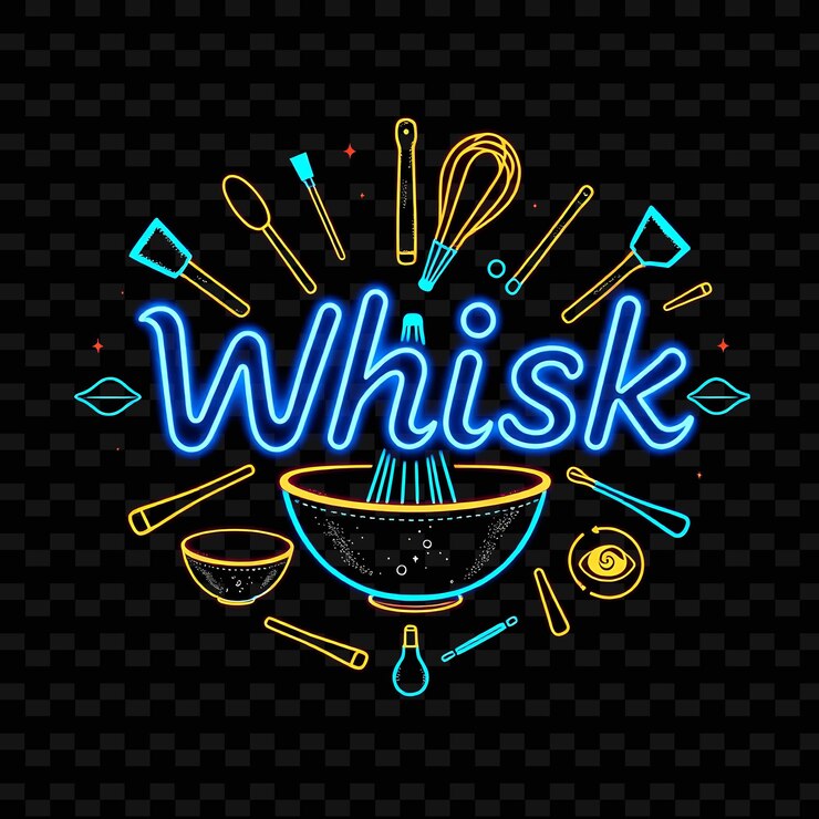 PSD neon whisk text in electric blue encircled by whisking utensils and b neon yummy typography designo