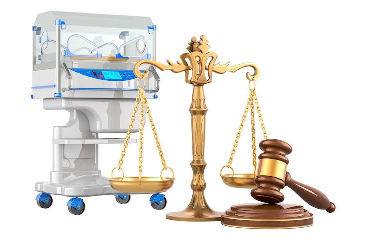 PSD neonatal incubator with wooden gavel and scales of justice 3d rendering isolated on transparent background