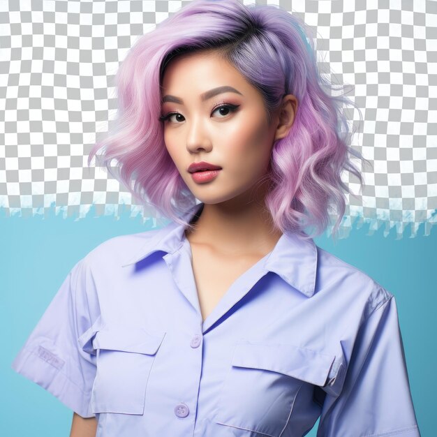 PSD neonatologist in pastel east asian woman poses in hair brushing style 100 characters