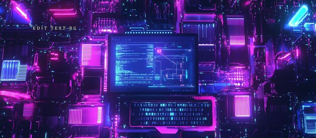 Neonlit computer hardware with glowing screen displaying code