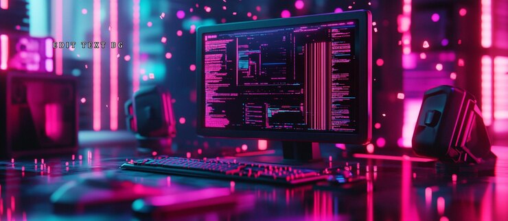 PSD neonlit computer with code displayed on screen keyboard and speakers