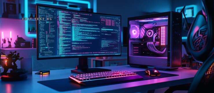 PSD neonlit gaming setup with computer keyboard and headset