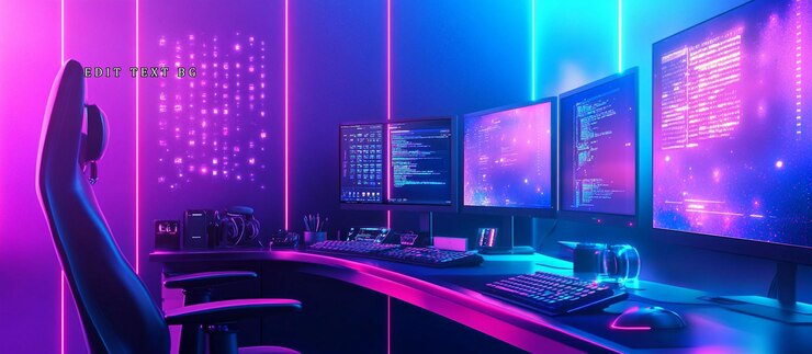 PSD neonlit gaming setup with multiple monitors displaying code keyboard mouse and gaming chair