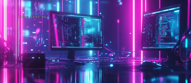 Neonlit gaming setup with two computers displaying code showcasing vibrant pink and blue lighting