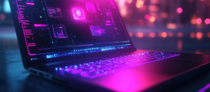 PSD neonlit laptop displaying futuristic interface